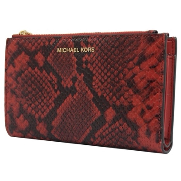 Michael Kors Jet Set Double Zip Wristlet Leather Phone Wallet Crimson - Picture 3 of 7